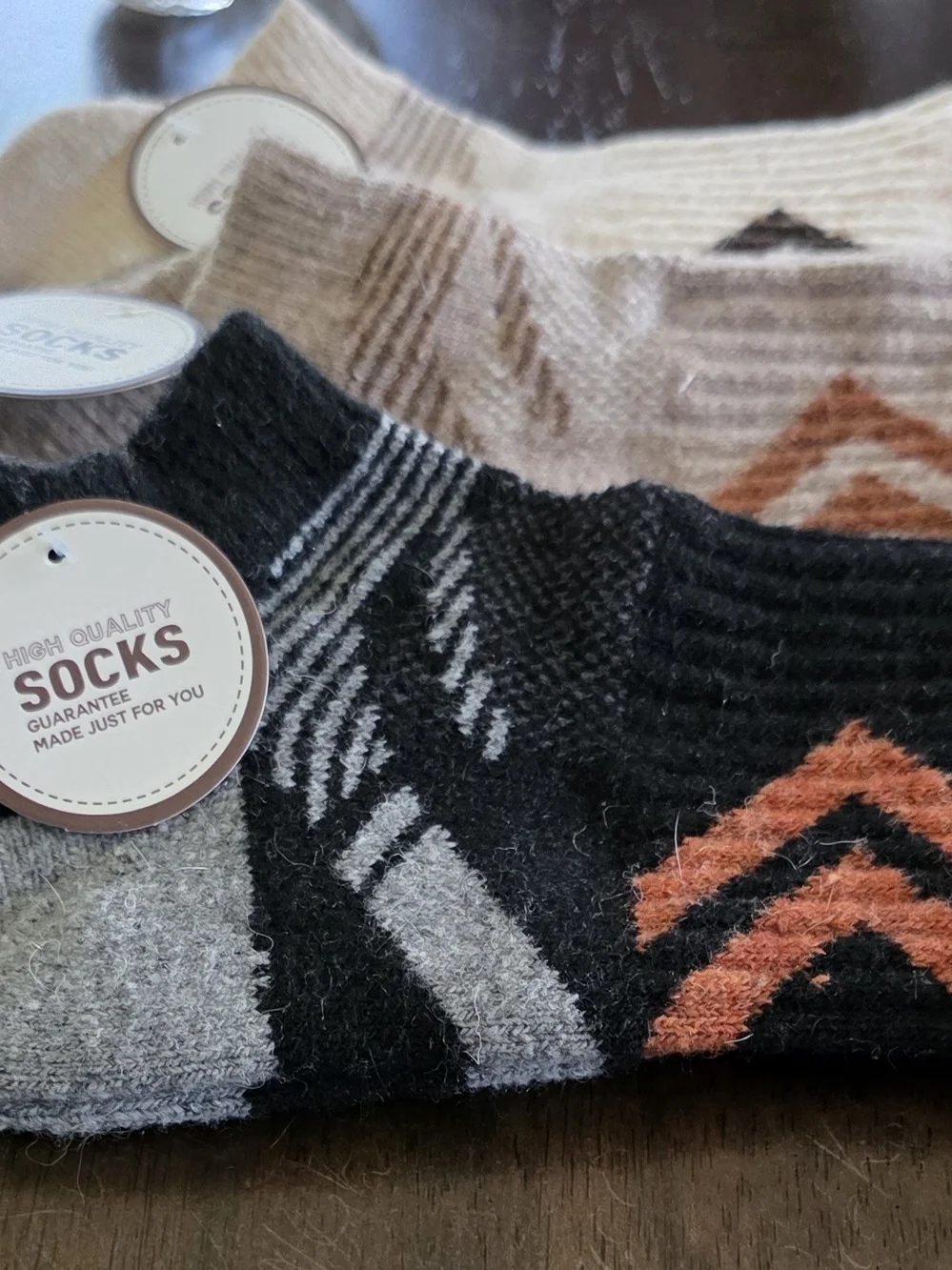 Men's Casual Crew Socks - Neutral Geo Pattern in Gray, Black, Beige, Cream.